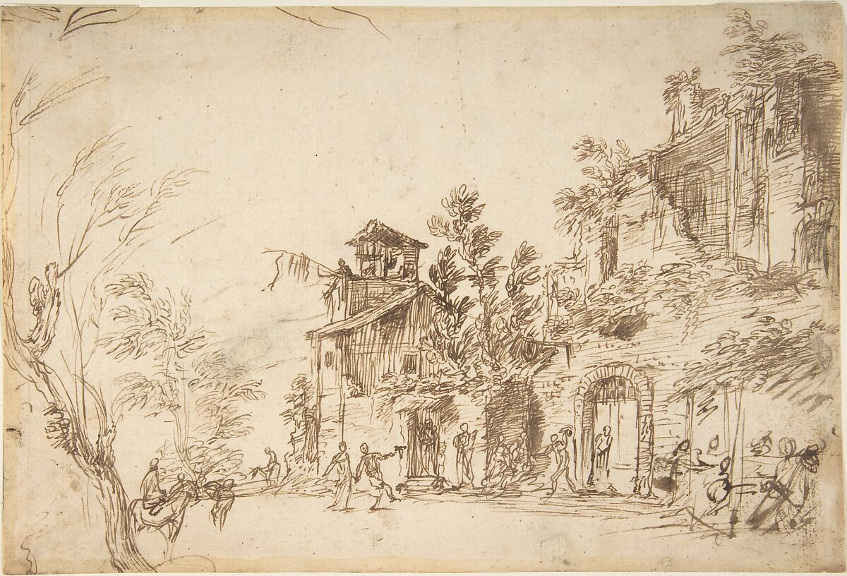 Landscape with Ruins, Anonymous, Italian, Venetian, 18th century, Pen and brown ink on cream laid paper 