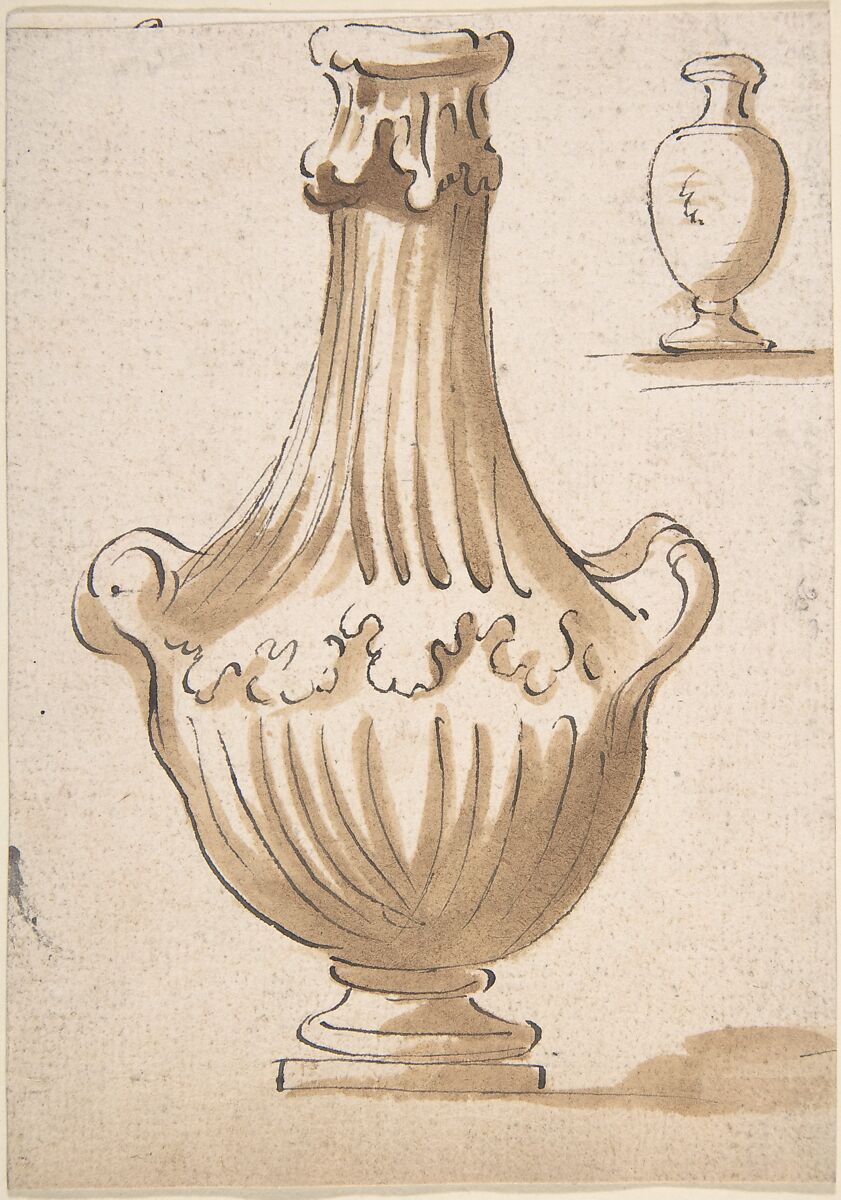 Design for a Vase: two handles, no cover.  In upper right corner, a smaller, simpler shape (recto); Part of a Chalk Drawing (verso), Anonymous, Italian, Venetian, 18th century, Pen and brown ink, brush and brown wash, on cream paper (recto); part of a red chalk drawing (verso) 