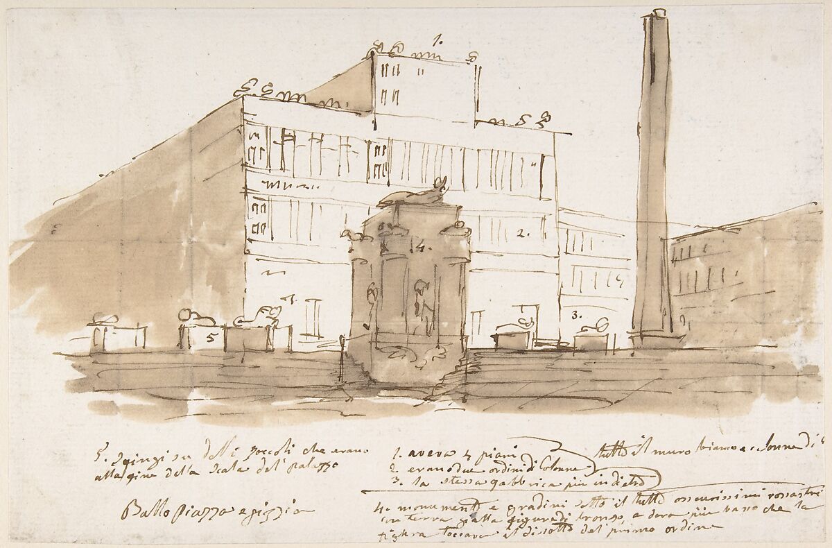 Stage design: piazza with a building, an obelisk, and a monument. Building and monument with numbers referring to inscription below., Anonymous, Italian, Venetian, 18th century, Pen and brown ink, brush and brown wash, over lead, on cream laid paper 