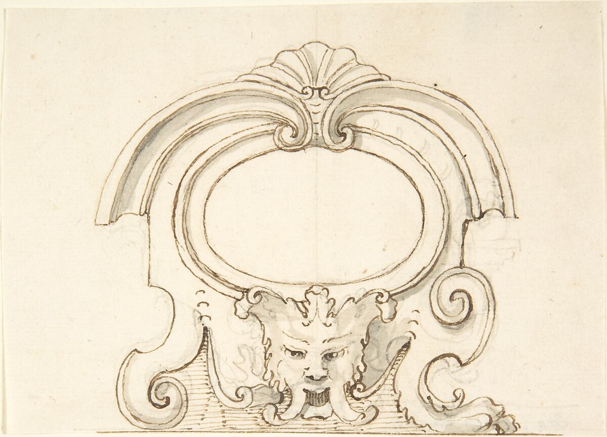 Cartouche with a Mask, Anonymous, Italian, Venetian, 18th century, Pen and brown ink, brush and green-gray wash, over black chalk, on cream laid paper 