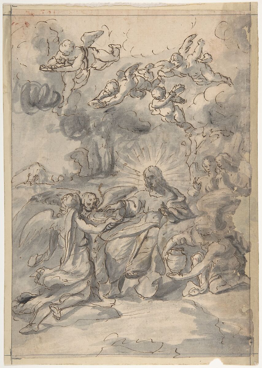 Christ Surrounded by Angels, Anonymous, Italian, Venetian, 18th century, Pen and brown ink, brush and gray wash, over black chalk, on cream laid paper 