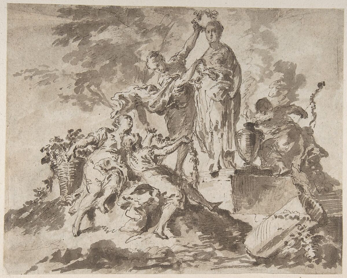 Nymphs Adorning the Statue of a Goddess (recto); River God with Three Nymphs (verso), Anonymous, Italian, Venetian, 18th century, Pen and brown ink, brush and brown wash, on beige-gray laid paper 