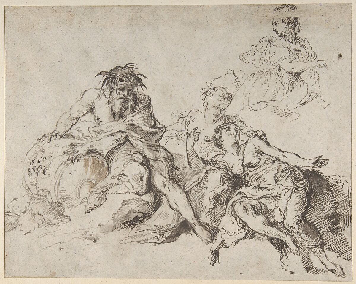 Nymphs Adorning the Statue of a Goddess (recto); River God with Three Nymphs (verso), Anonymous, Italian, Venetian, 18th century, Pen and brown ink, brush and brown wash, on beige-gray laid paper