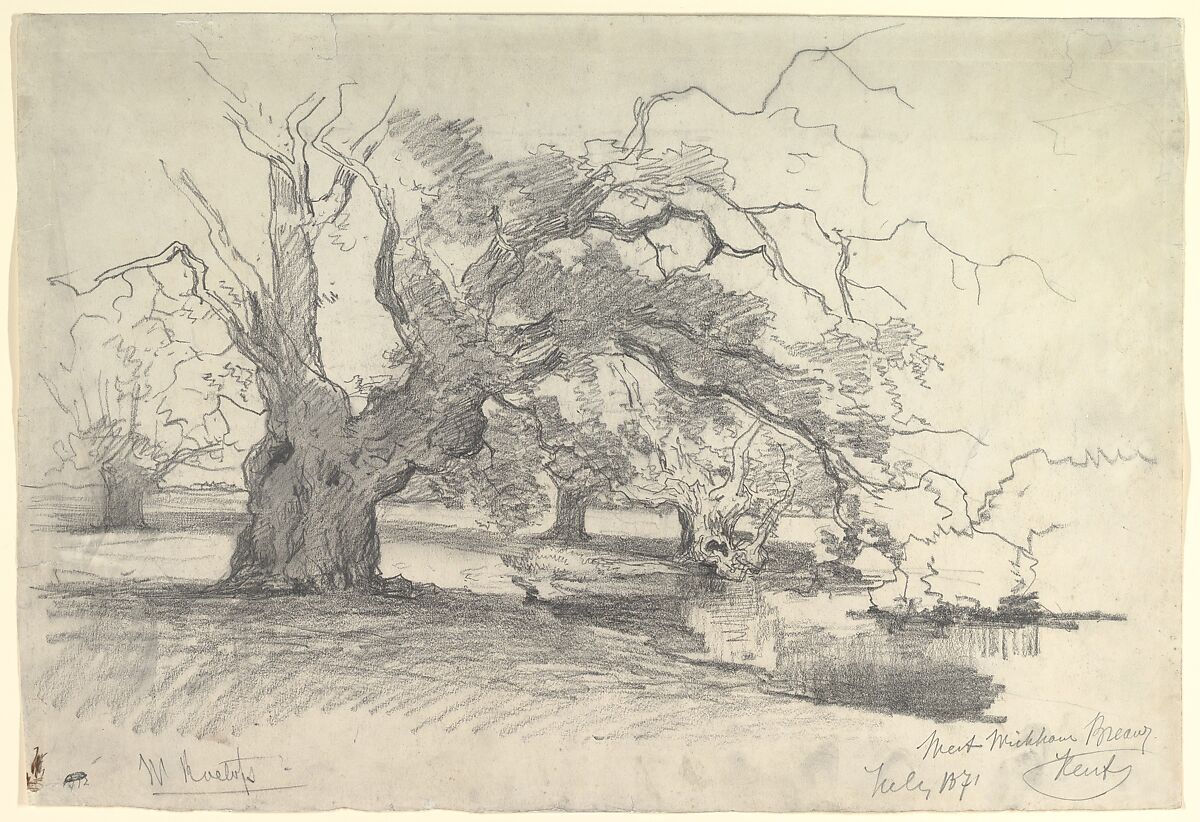 Landscape with Trees near a Pond, Willem Roelofs (Dutch, Amsterdam 1822–1897 Berchem), Pencil and black chalk 