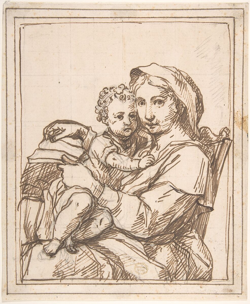 Madonna and Child, Anonymous, Italian, Roman-Bolognese, 17th century, Pen and brown ink over traces of black chalk, on cream laid paper; squared in black chalk; framing lines in pen and brown ink 