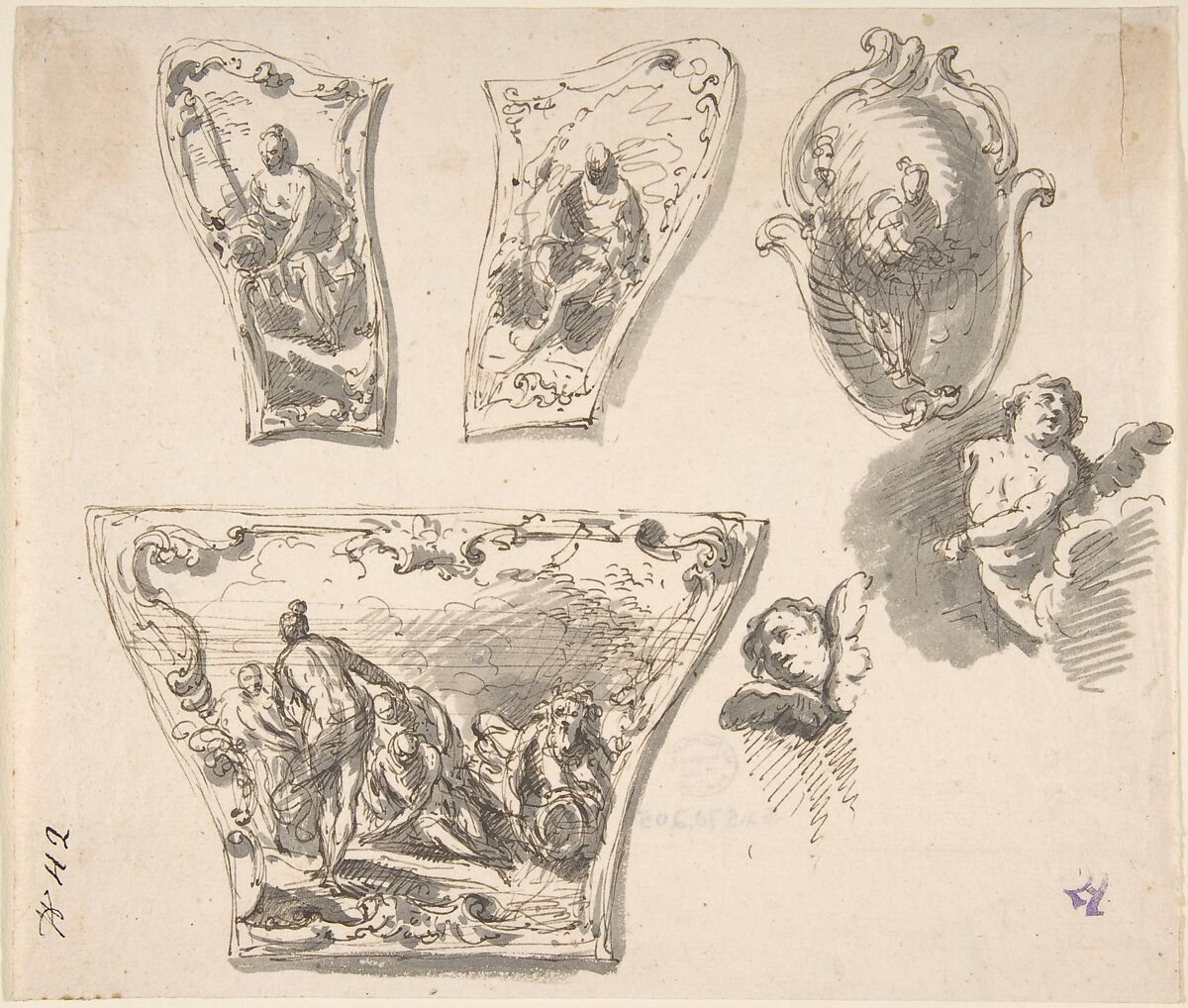 Various Designs for Parts of a Carriage, Giovanni Larciani ("Master of the Kress Landscapes") (Italian, 1484–1527), Pen and brown ink, brush and gray wash, on cream laid paper 