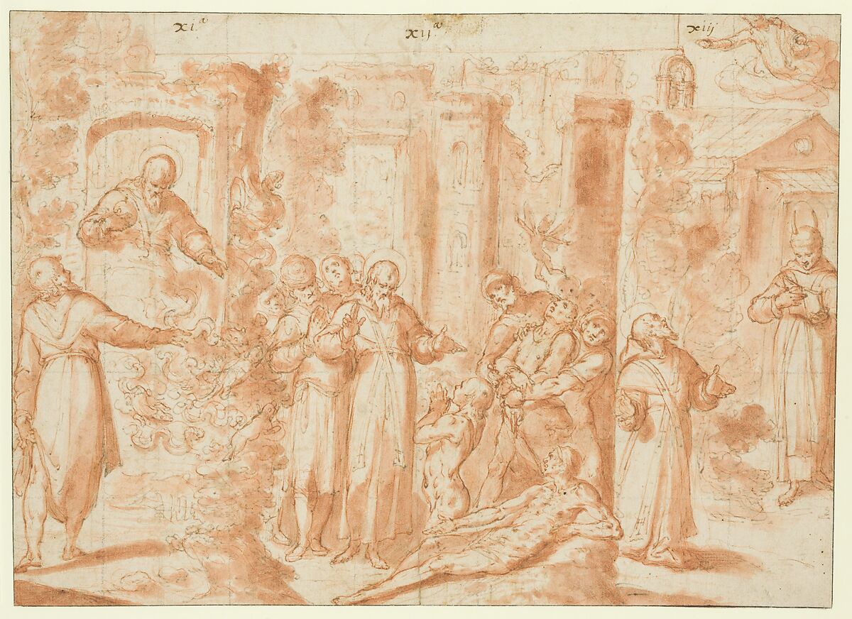 Scenes from the Life of Saint Anthony Abbot, Giovanni Battista Lombardelli (Giovanni Battista della Marca, "Il Montano") (Italian, Ostra Vetere (Montenuovo) 1532–1587 Perugia), Pen and brown ink, red chalk, brush and red wash. Traces of squaring in black chalk