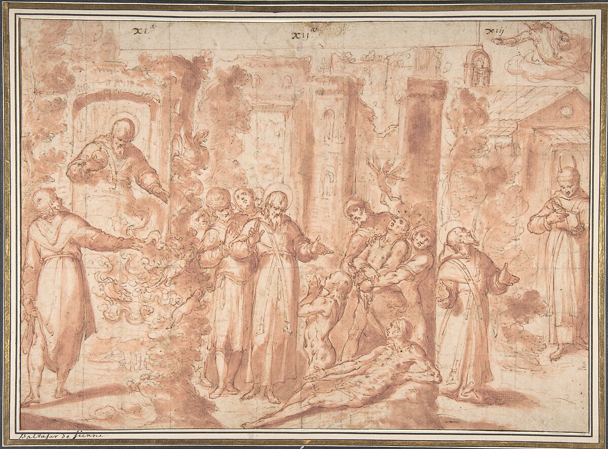 Scenes from the Life of Saint Anthony Abbot, Giovanni Battista Lombardelli (Giovanni Battista della Marca, "Il Montano") (Italian, Ostra Vetere (Montenuovo) 1532–1587 Perugia), Pen and brown ink, red chalk, brush and red wash. Traces of squaring in black chalk 