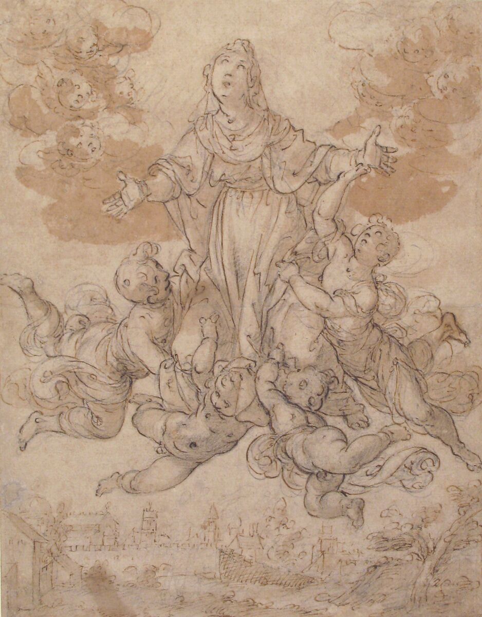 Virgin in Glory with Angels, Aurelio Lomi (Italian, Pisa 1556–1622 Genoa (?)), Pen and brown ink, brush and brown wash, over black chalk