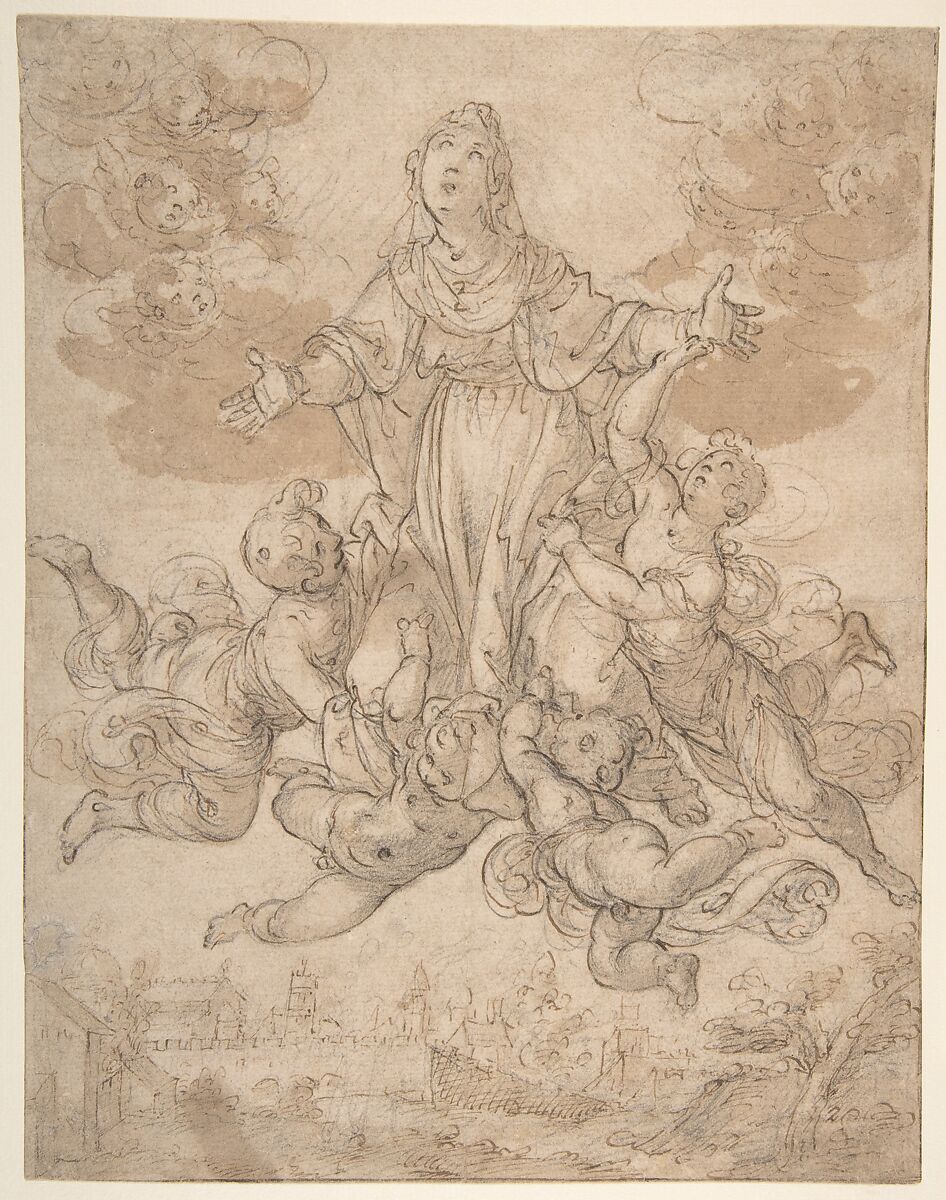Virgin in Glory with Angels, Aurelio Lomi (Italian, Pisa 1556–1622 Genoa (?)), Pen and brown ink, brush and brown wash, over black chalk 