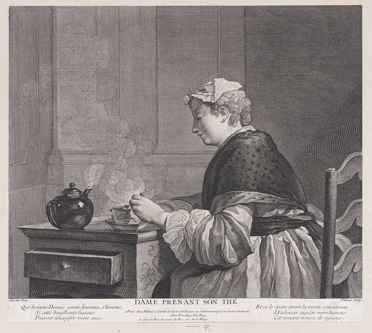 Woman Having Tea, Pierre Filloeul (French, Abbeville 1696–after 1754 Paris), Etching an engraving 