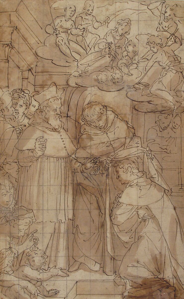 Saint Hyacinth Receiving the Dominican Habit, Aurelio Lomi (Italian, Pisa 1556–1622 Genoa (?)), Pen and brown ink, brush and brown wash; squared in black chalk
