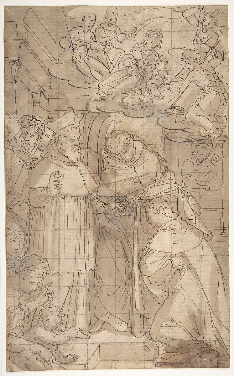 Saint Hyacinth Receiving the Dominican Habit, Aurelio Lomi (Italian, Pisa 1556–1622 Genoa (?)), Pen and brown ink, brush and brown wash. Squared in black chalk 