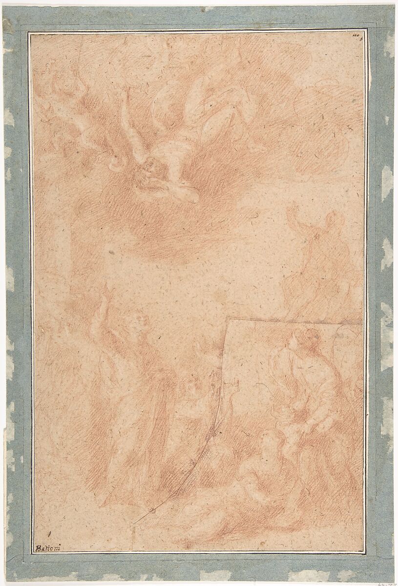 The Fall of Simon Magus, attributed to Giovanni Larciani ("Master of the Kress Landscapes") (Italian, 1484–1527), Red chalk on beige paper 