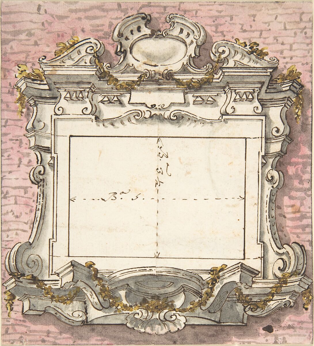 Design for a Wall-mounted Epitaph, Giovanni Larciani ("Master of the Kress Landscapes") (Italian, 1484–1527), Pen and brown ink, brush with gray, yellow, and pink wash 