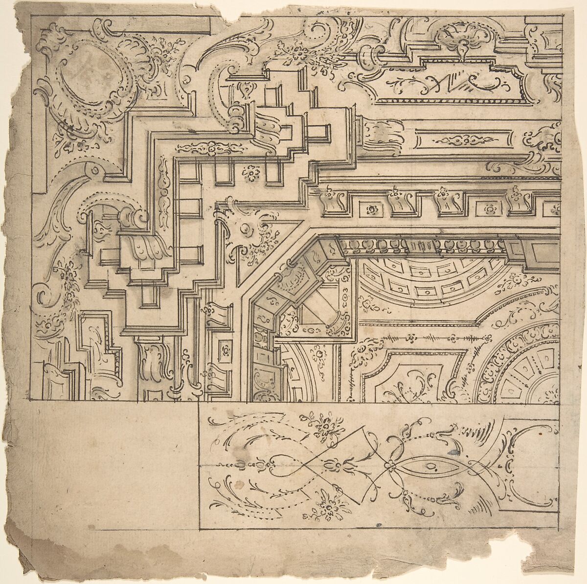 Architectural Drawing, Giovanni Larciani ("Master of the Kress Landscapes") (Italian, 1484–1527), Pen and black ink, brush and green-gray wash, over black chalk, on beige laid paper 