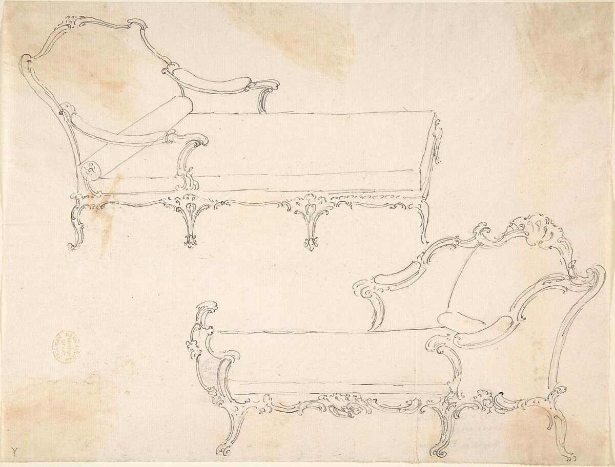 Two Design Drawings for Day-Beds, Anonymous, Italian, first half of the 18th century, Pen and gray ink over black chalk on cream laid paper 