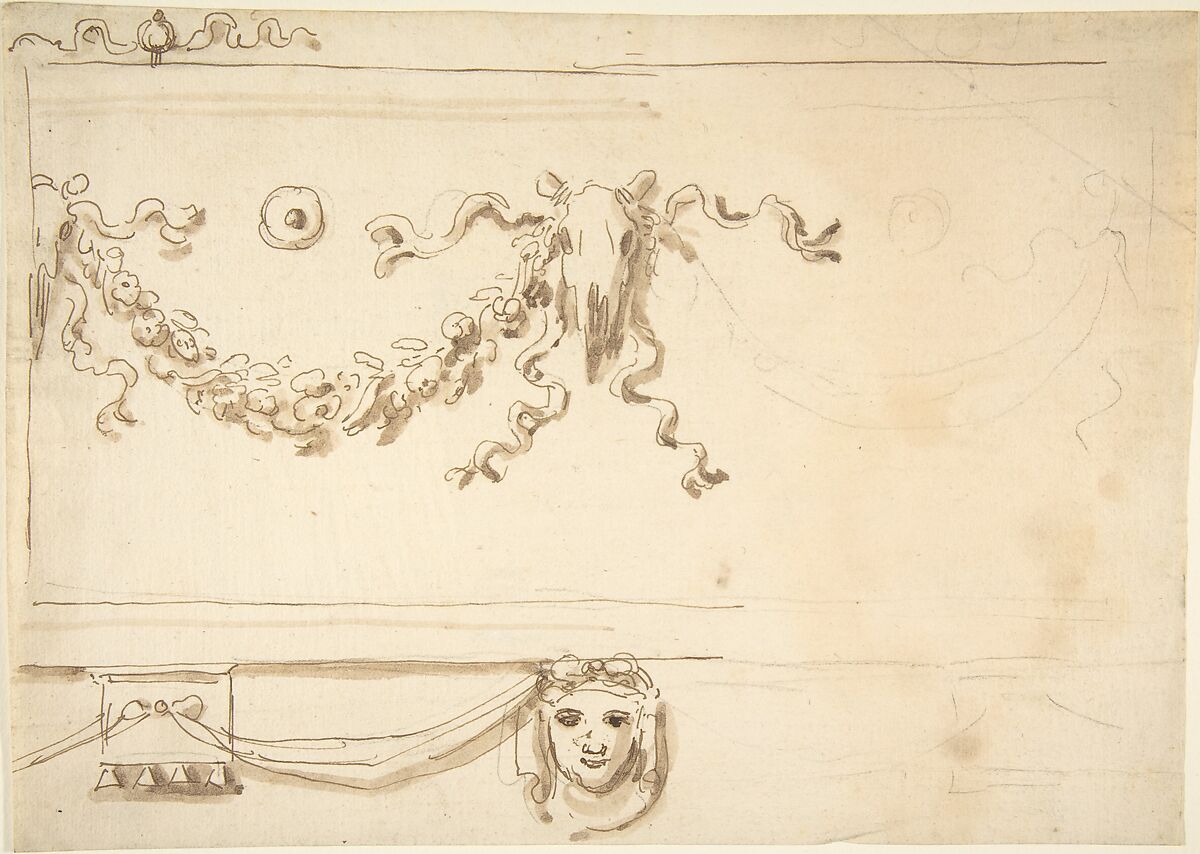 Design for a Frieze: Garland and Animal Skull, Giovanni Larciani ("Master of the Kress Landscapes") (Italian, 1484–1527), Pen and brown ink, brush and brown wash, over black chalk on cream laid paper 