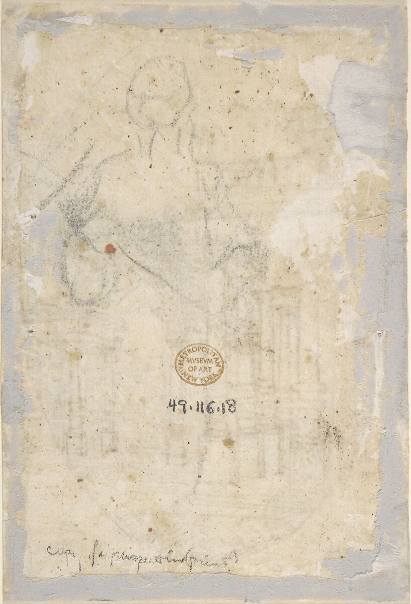 Architectural Drawing (recto); Sketch of a Figure (verso), Anonymous, Italian, 18th century, Pen and brown ink, over lead or graphite on cream laid paper (recto); oval framing lines in pen and brown ink; black chalk (verso)