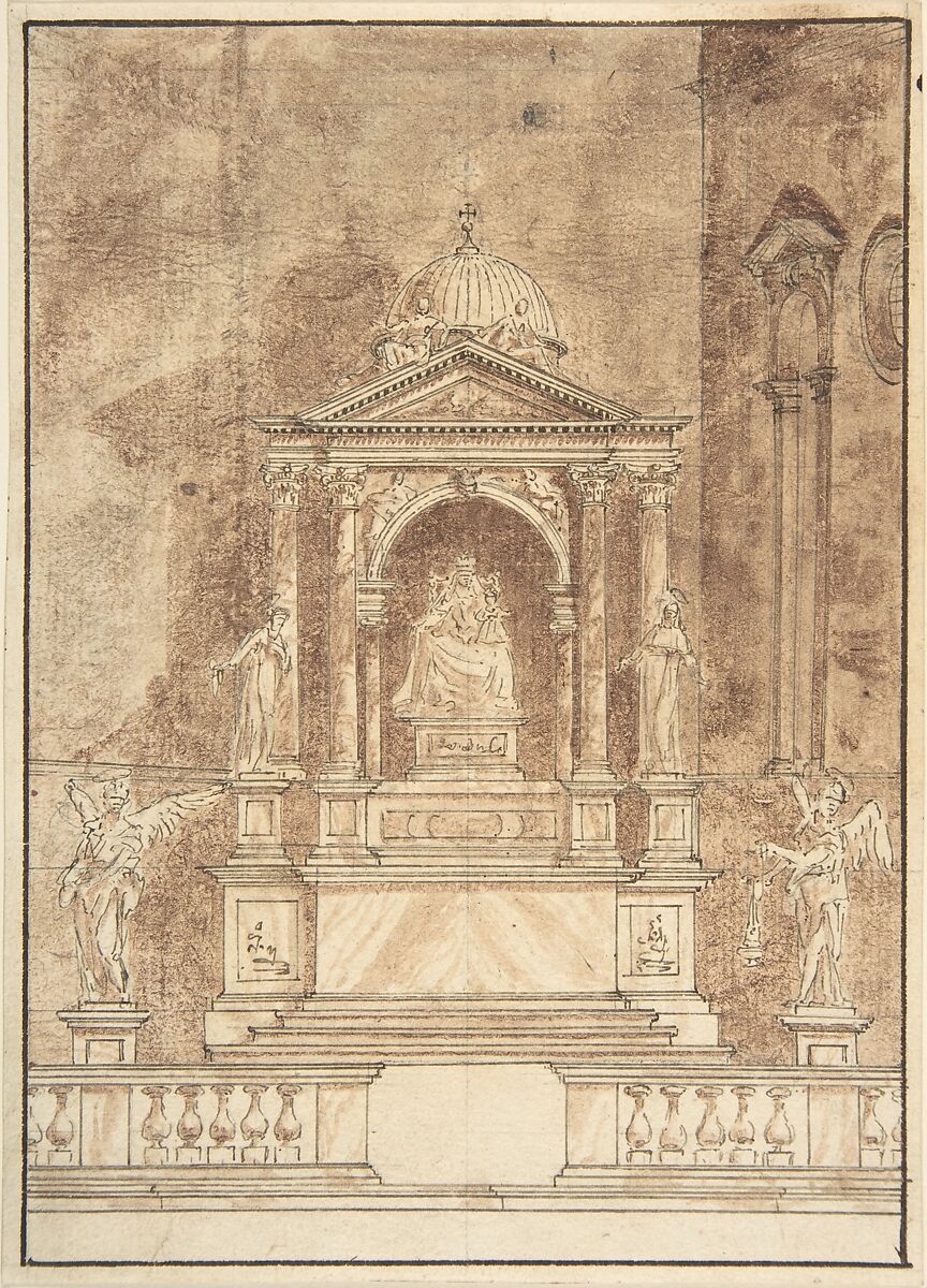 Design for an Altar: Virgin and Child Flanked by Saints, Two Angels in the Left and Right Foreground, Anonymous, Italian, 17th or 18th century, Pen and brown ink, brush and brown wash, over lead or graphite, on cream laid paper. Framing lines in brown ink 