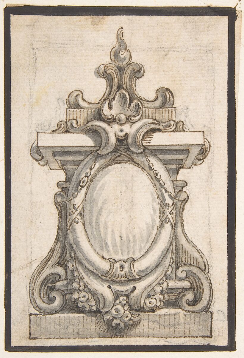 Design for a Cartouche with an Oval Compartment, Anonymous, Italian, first half of the 18th century, Pen and brown ink, brush with brown and gray wash, over black chalk? on cream laid paper. Framing lines in brown ink 