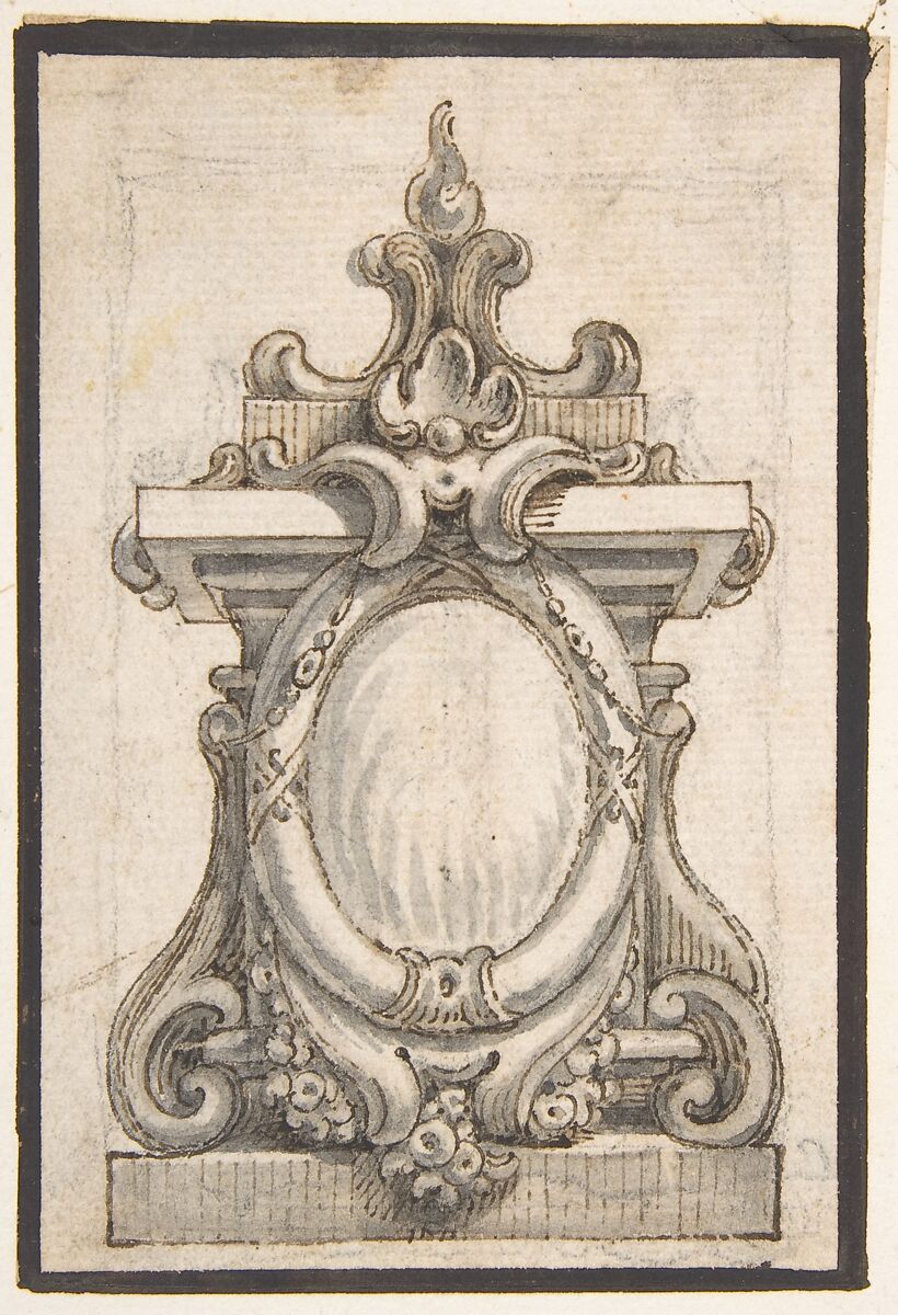 Design for a Cartouche with an Oval Compartment, Giovanni Larciani ("Master of the Kress Landscapes") (Italian, 1484–1527), Pen and brown ink, brush with brown and gray wash, over black chalk? on cream laid paper. Framing lines in brown ink 