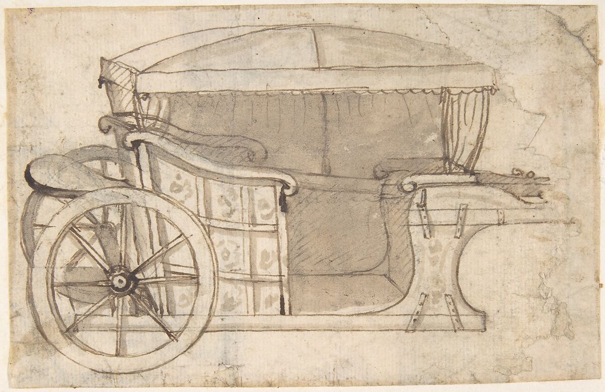 Design for a Carriage, Giovanni Larciani ("Master of the Kress Landscapes") (Italian, 1484–1527), Pen and brown ink, brush and brown wash, over traces of black chalk, on cream laid paper 