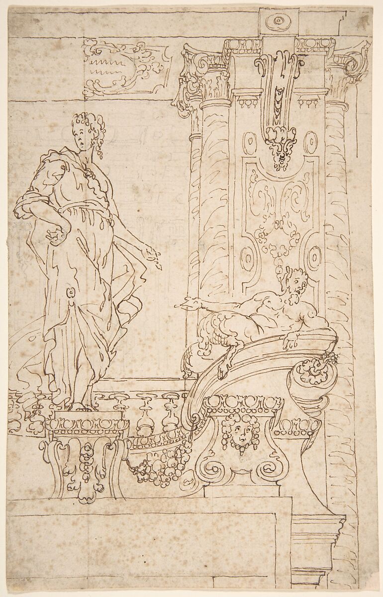 Sketch of Balcony and Pier (?) With Standing Female and a Reclining Satyr, Giovanni Larciani ("Master of the Kress Landscapes") (Italian, 1484–1527), Pen and brown ink over graphite or lead on cream paper 