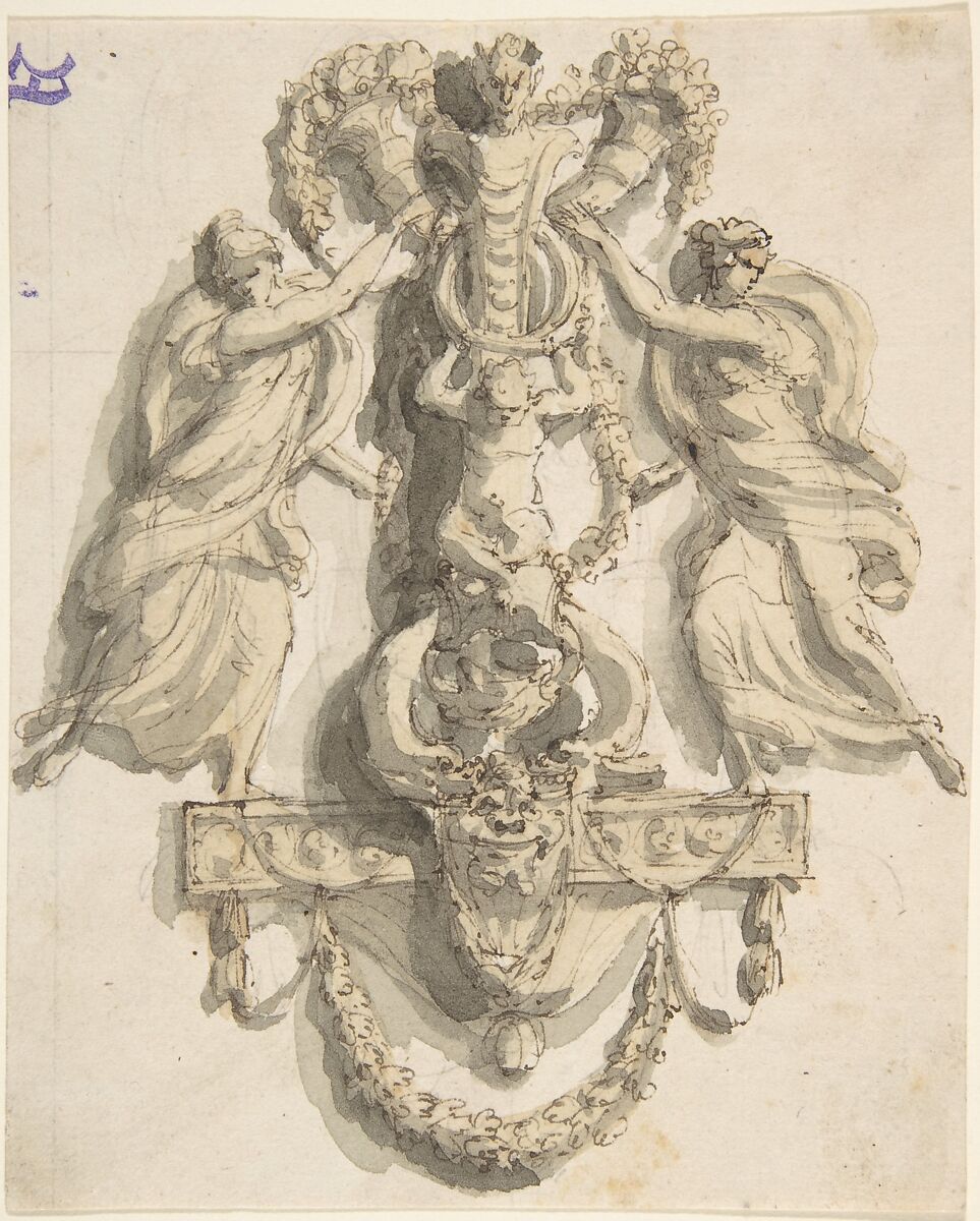 Design for a Door-Knocker (?) With Two Nymphs, Giacomo Rossi (Italian, Bologna 1751 - 1817 Bologna), Pen and brown ink, brush with yellowish and gray wash over black chalk 