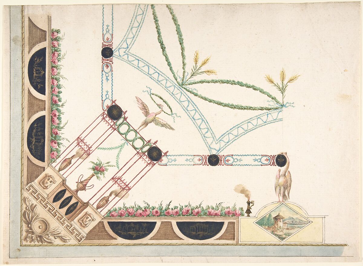 Design for a Ceiling, Giovanni Larciani ("Master of the Kress Landscapes") (Italian, 1484–1527), Brush and yellow, red, blue, green and brown watercolor, and dark blue gouache, over graphite or lead, on cream paper 