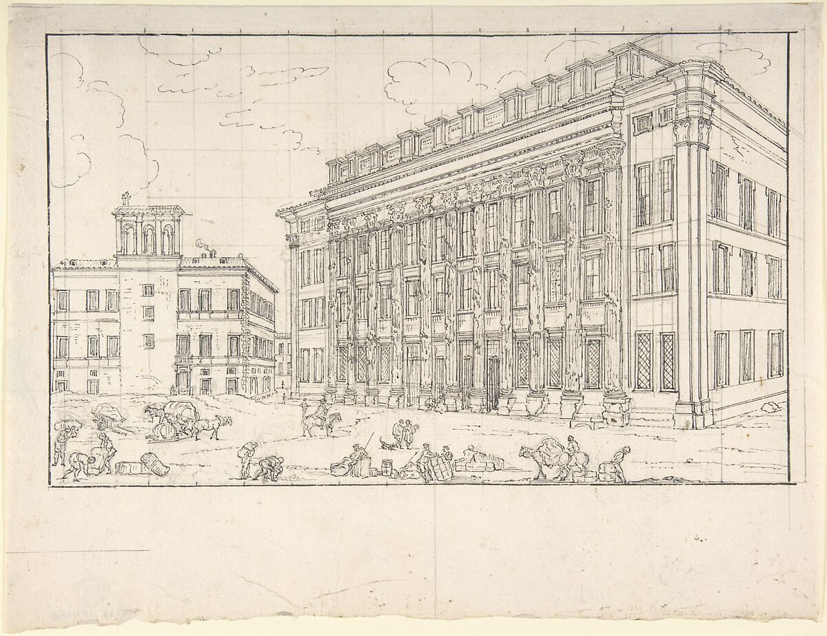 View of the Borsa, Rome, Giovanni Larciani ("Master of the Kress Landscapes") (Italian, 1484–1527), Pen and black ink, over graphite or lead on cream paper (recto). Squared in graphite or lead. Framing lines in pen and black ink. Squared in graphite or lead (verso) 