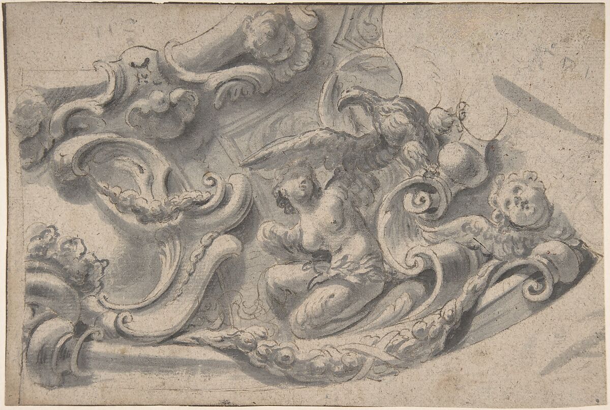 Design for a Decorative Cornice, Giovanni Larciani ("Master of the Kress Landscapes") (Italian, 1484–1527), Pen and brown ink, brush and gray wash, over black chalk on brown-gray paper
Fragments of framing lines in pen and brown ink 