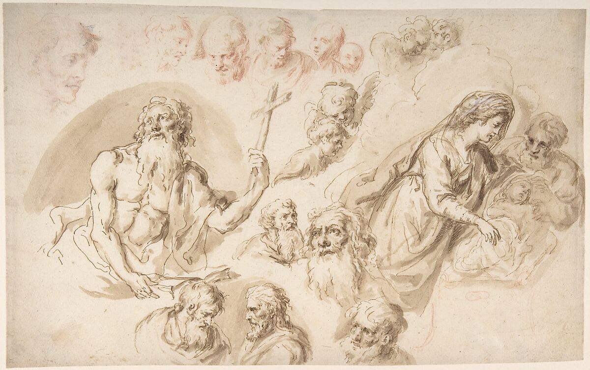 Study for a Nativity, Bearded Male Saint, and Head Studies (recto); Two Head Studies (verso), Bartholomaeus Ignaz Weiss (German, Munich 1730–1814/15 Munich), Pen and brown ink, brush and brown wash, highlighted with white gouache, over red chalk and traces of lead? on cream paper (recto); red chalk (verso) 