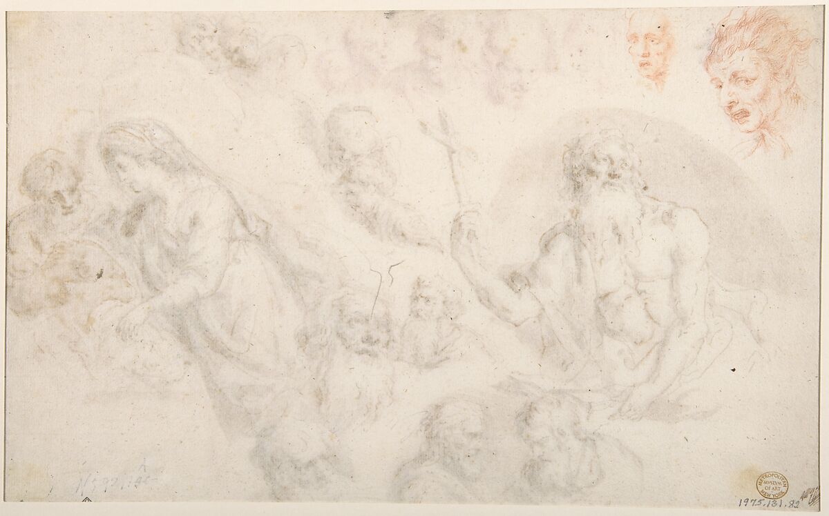 Study for a Nativity, Bearded Male Saint, and Head Studies (recto); Two Head Studies (verso), Bartholomaeus Ignaz Weiss (German, Munich 1730–1814/15 Munich), Pen and brown ink, brush and brown wash, highlighted with white gouache, over red chalk and traces of lead? on cream paper (recto); red chalk (verso)