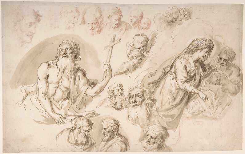 Study for a Nativity, Bearded Male Saint, and Head Studies (recto); Two Head Studies (verso)