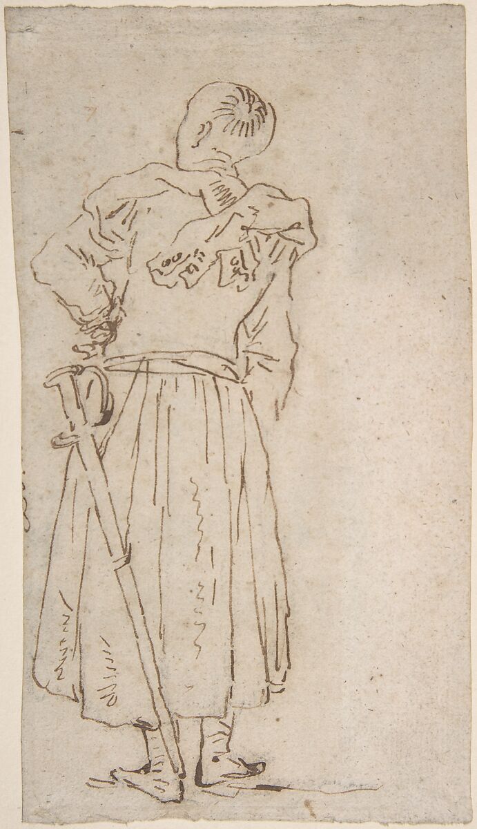 Back View of a Man in a Long Coat with a Sword, Giovanni Larciani ("Master of the Kress Landscapes") (Italian, 1484–1527), Pen and brown ink over black chalk on cream laid paper.
Rubbed with black chalk or charcoal dust for transfer. Outlines stylus-incised for transfer 