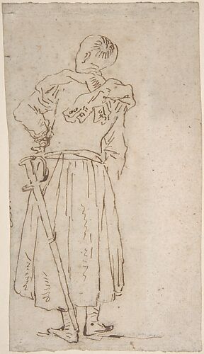 Back View of a Man in a Long Coat with a Sword