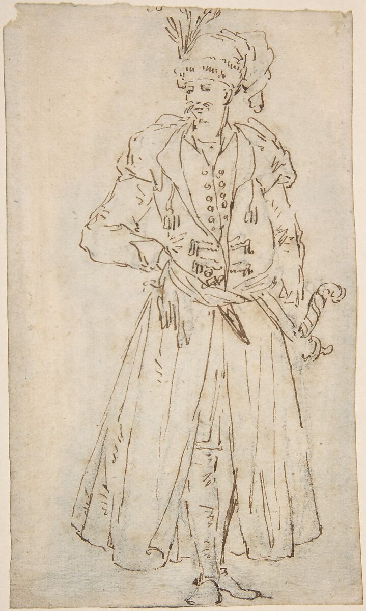 Man in a Long Coat and Turban with a Sword, Anonymous, Italian, first half of the 18th century, Pen and brown ink over black chalk on cream laid paper.
Rubbed with black chalk or charcoal dust for transfer. Outlines stylus-incised for transfer 