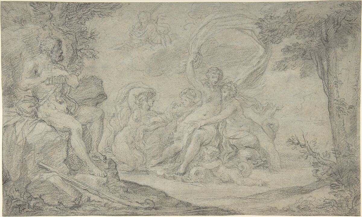 Polyphemus and Galatea, Giovanni Larciani ("Master of the Kress Landscapes") (Italian, 1484–1527), Black chalk, highlighted with white chalk, on blue paper faded to gray 