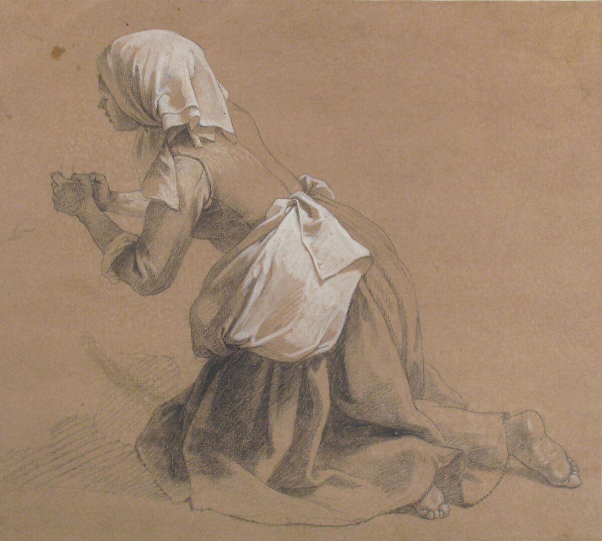 Kneeling Milkmaid, Francesco Londonio (Italian, Milan 1723–1783 Milan), Black chalk, highlighted with white, on brown paper