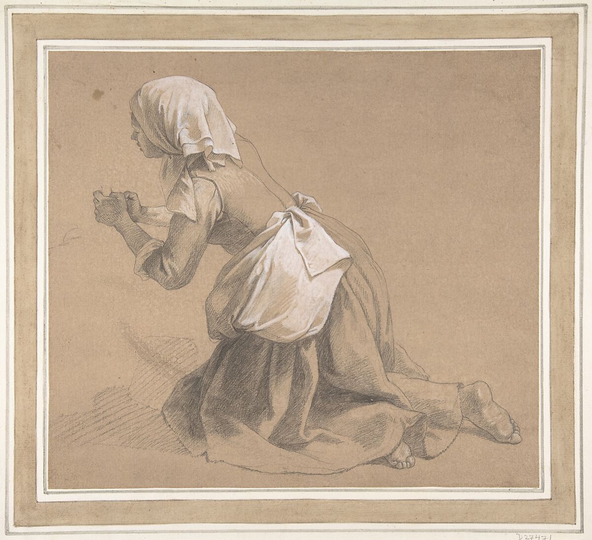 Kneeling Milkmaid, Francesco Londonio (Italian, Milan 1723–1783 Milan), Black chalk, highlighted with white, on brown paper 