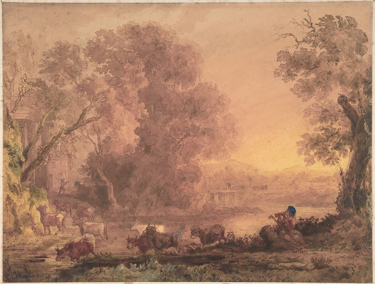 Arcadian landscape, George Barret, the younger (British, London 1767–1842 London), Watercolor over graphite 
