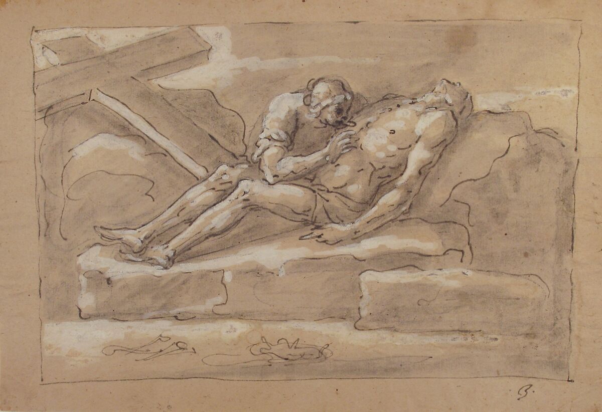 The Dead Christ Mourned by the Magdalen Who Venerates His Side Wound, Fortunato Duranti (Italian, 1787–1863), Pen and brown ink, brush and gray-brown wash, highlighted with white gouache on cream paper