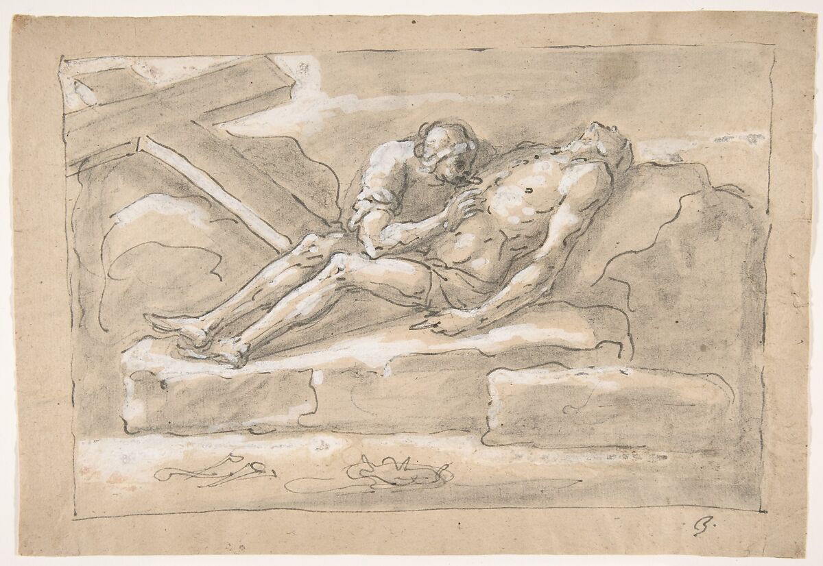 The Dead Christ Mourned by the Magdalen Who Venerates His Side Wound, Fortunato Duranti (Italian, 1787–1863), Pen and brown ink, brush and gray-brown wash, highlighted with white gouache on cream paper 