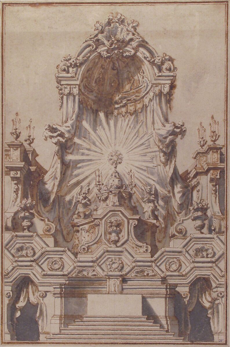 Framed Design for an Altar, Giuseppe Galli Bibiena (Italian, Parma 1696–1756 Berlin), Pen and brown ink, brush and brown and gray wash over traces of leadpoint, on cream laid paper; vertical line in leadpoint trough the center to create the symmetry of the design