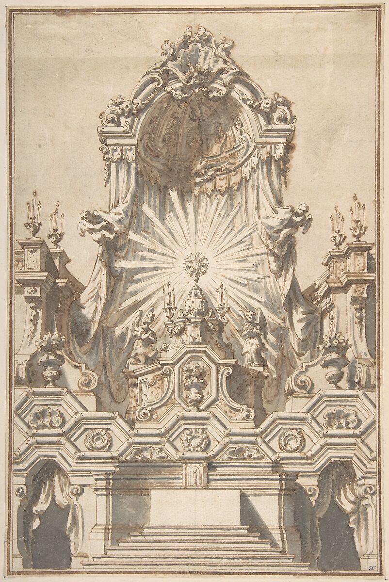 Framed Design for an Altar, Giuseppe Galli Bibiena (Italian, Parma 1696–1756 Berlin), Pen and brown ink, brush and brown and gray wash over traces of leadpoint, on cream laid paper; vertical line in leadpoint trough the center to create the symmetry of the design 