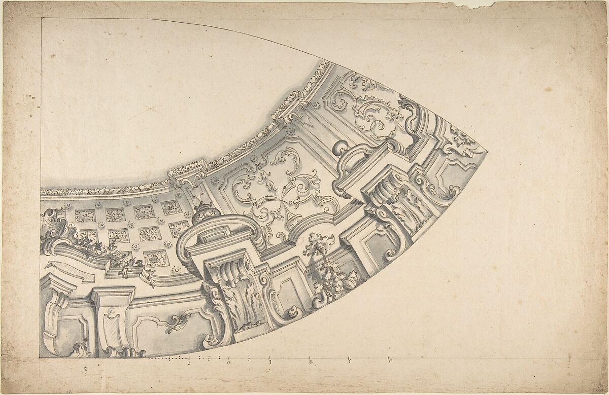 Design for a Curved Ornamental Cove to Support a Dome (?), Anonymous, Italian, Piedmontese, 18th century, Pen and brown ink, brush and gray wash, over leadpoint, with ruled construction; construction outline numbered ("1, 2, 3, 4, 5, 6) in lead point and pen and brown ink 