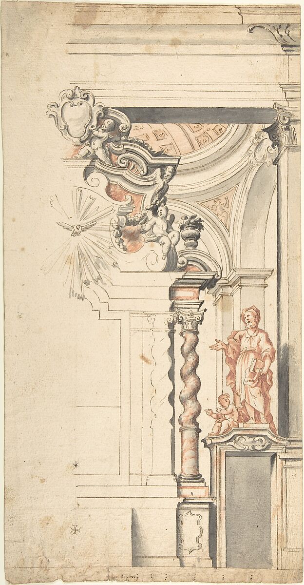 Design for One Half a Chapel with the Dove of the Holy Ghost above the Main Altar, and a Statue of an Evangelist at right, Anonymous, Italian, Piedmontese, 18th century, Pen and brown ink, brush with gray and light red chalk wash, over black chalk, with ruled construction 