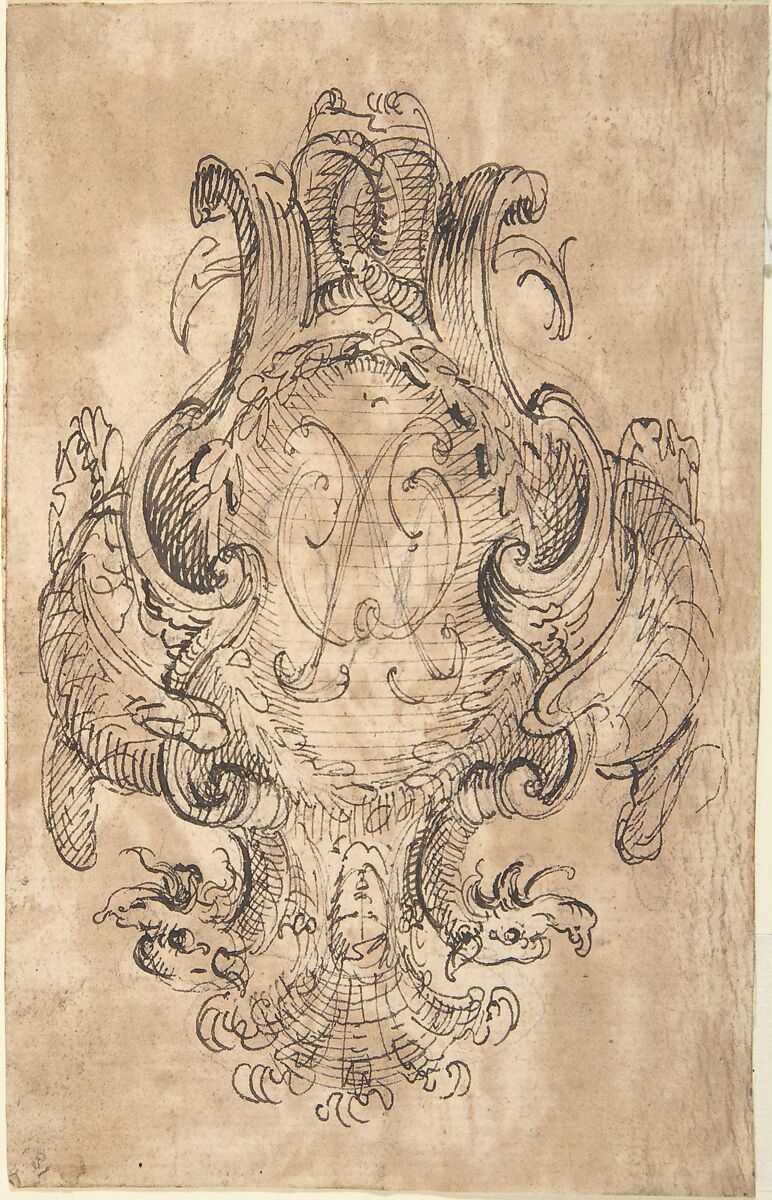 Design for a Coat of Arms with Two Dragons and Initials [?] in center (recto); Three Constructed Circles with Inscriptions (verso), Anonymous, Italian, Piedmontese, 18th century, Pen and brown ink over leadpoint on brown washed cream laid paper (still partly visible; recto and verso) 