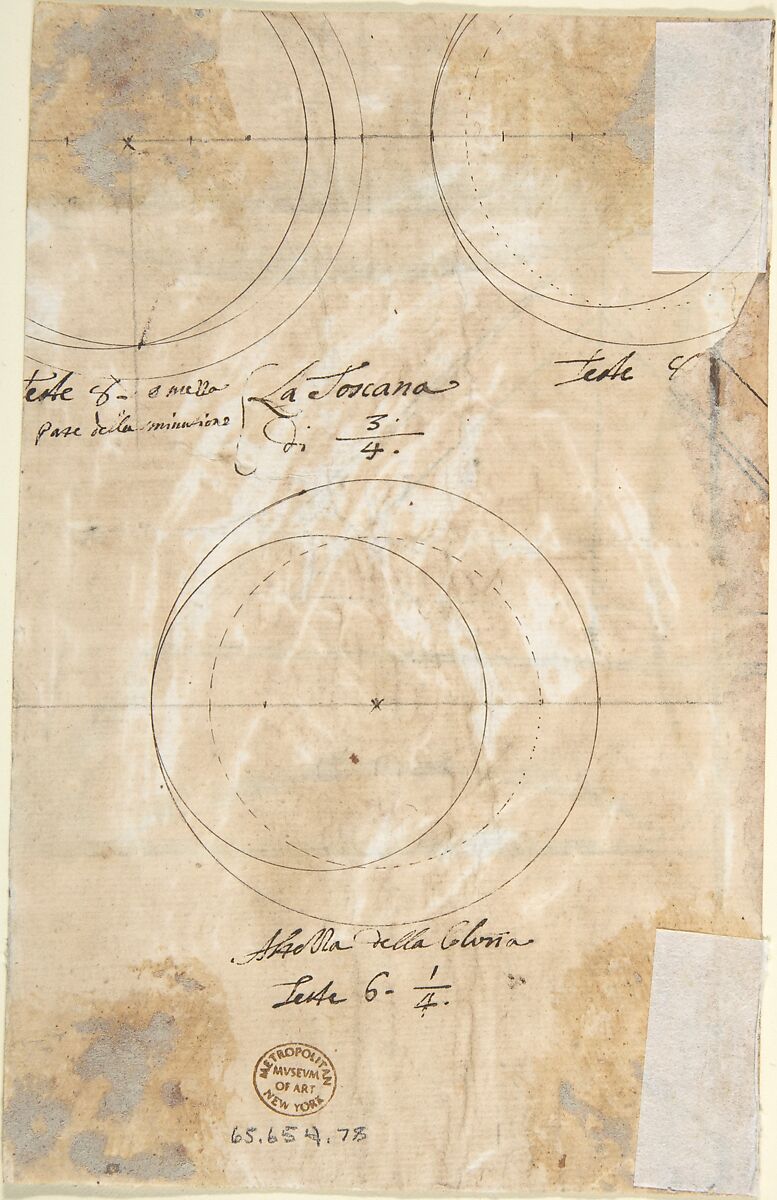 Design for a Coat of Arms with Two Dragons and Initials [?] in center (recto); Three Constructed Circles with Inscriptions (verso), Anonymous, Italian, Piedmontese, 18th century, Pen and brown ink over leadpoint on brown washed cream laid paper (still partly visible; recto and verso)